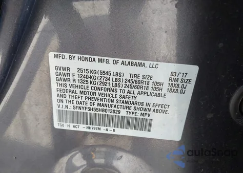 2017 Honda Pilot Ex-L z USA, uszkodzony, nr VIN 5FNYF5H55HB013029